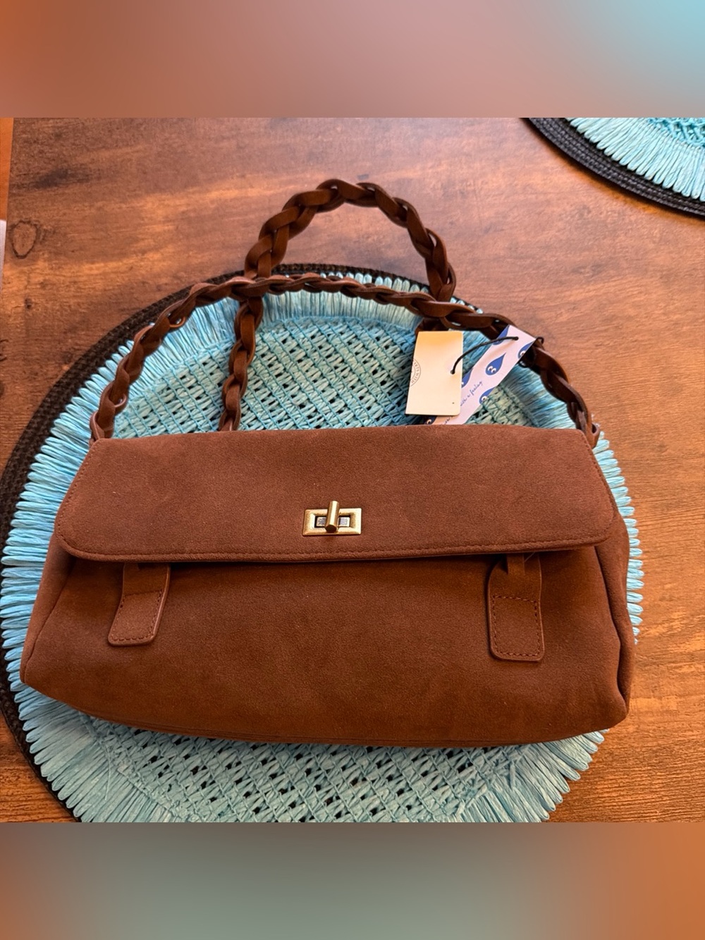 Braided-Handle Suede Shoulder Bag — Brown
